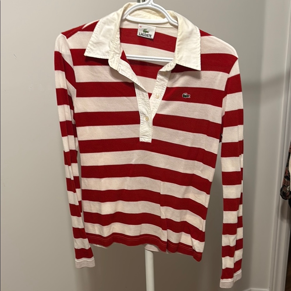 Lacoste Red & White Striped Long-Sleeve Rugby Shirt
